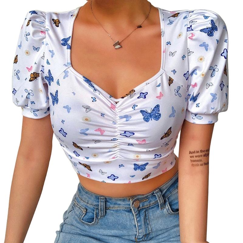 

Women' Butterfly Print Crop Top Summer Fashion Puff Sleeve V-Neck Top Yoga, White