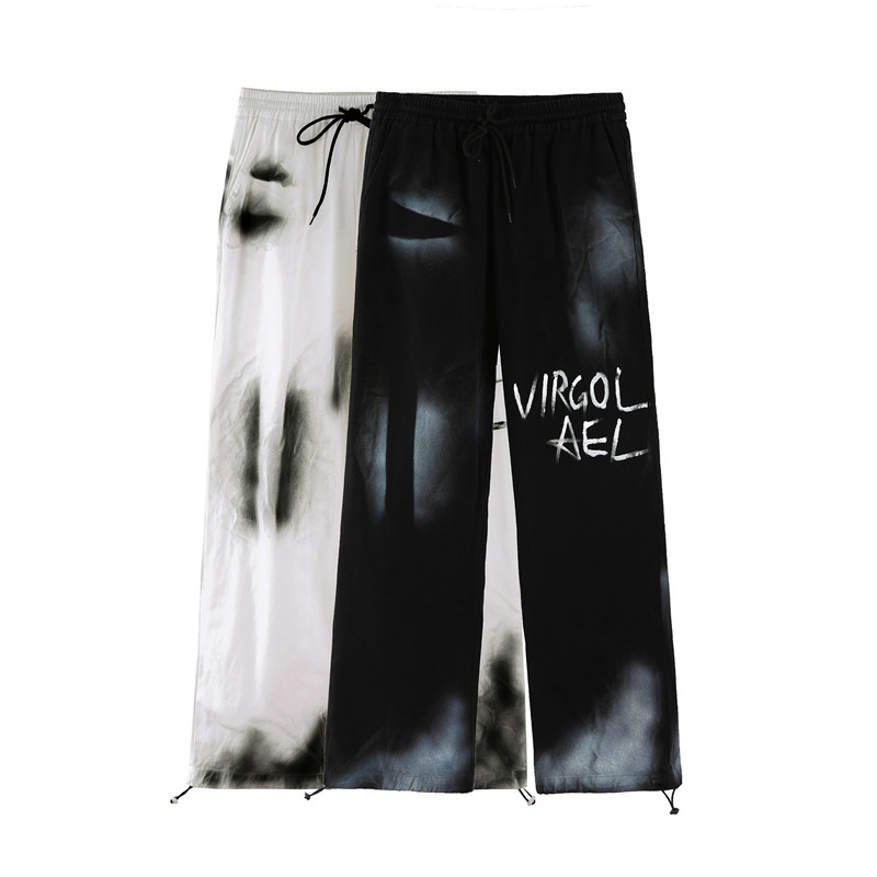 

Korean High Street Retro Graffiti Hand-painted Casual Pants Drawstring Loose Harajuku Straight Trousers Hip Hop Men and Women, Black