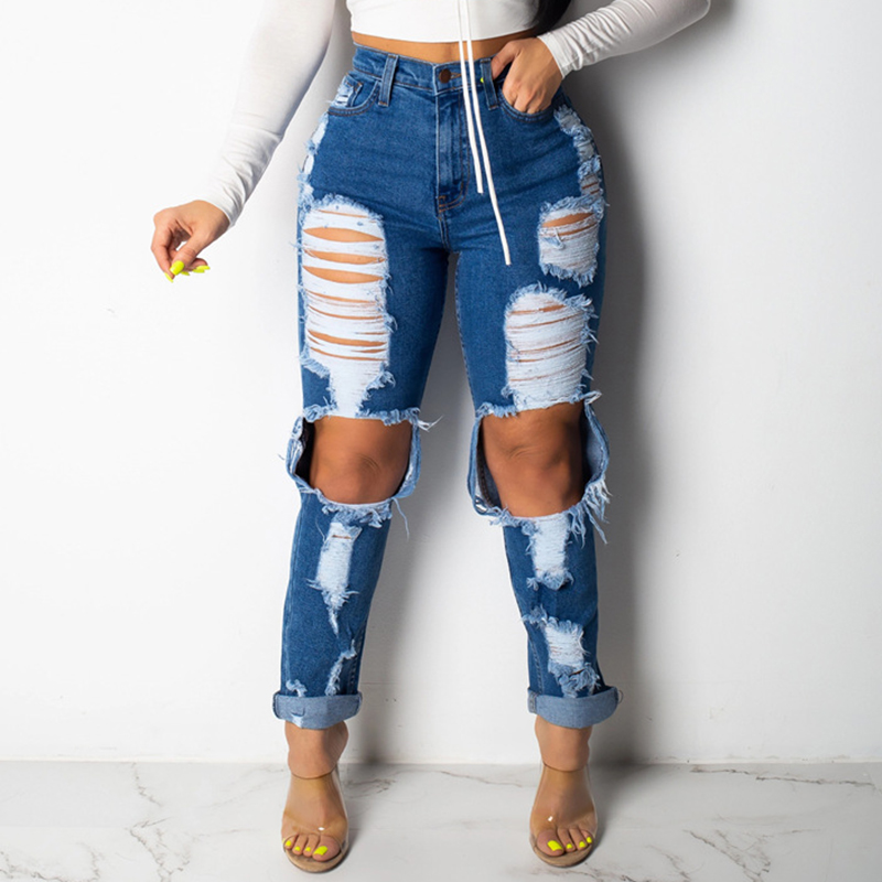 

Plus Size Boyfriend Ripped Jeans for Women High Waist Jeans Vintage Big Holes Slim Jean Denim Pants Elasticity Skinny Trousers, Dark blue