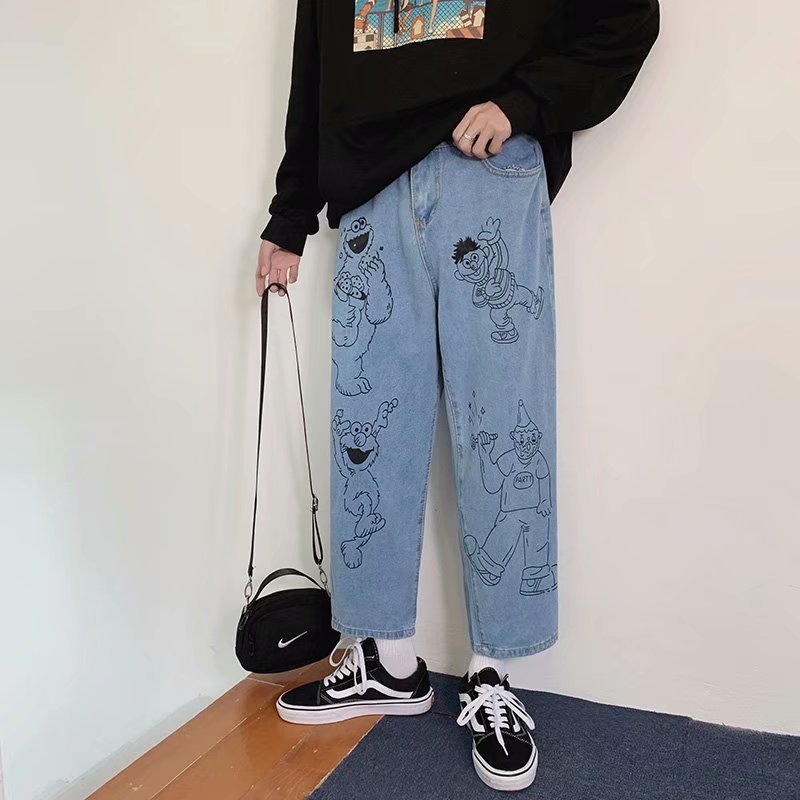 

Fahsion Cartoon Printed Jeans for Men Straight Loose Korean Hip Hop Teenagers Students Ankle Length Denim Jean Pants Homme, Blue