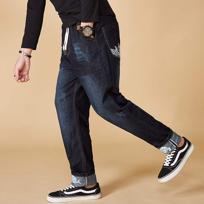 

Men Long Blue Jeans Four Season New Men Jeans Loose Plus Size -7XL Pants Elastic Waist Stretch Student Cotton Trousers, Blue black