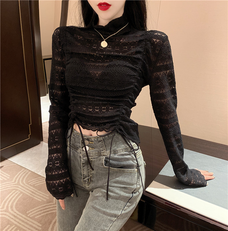 

Girls Hollow Out Lace Blouses Shirts Tees Female Turtleneck Sexy Full Sleeve Cropped Blouses Tops For Women, Black