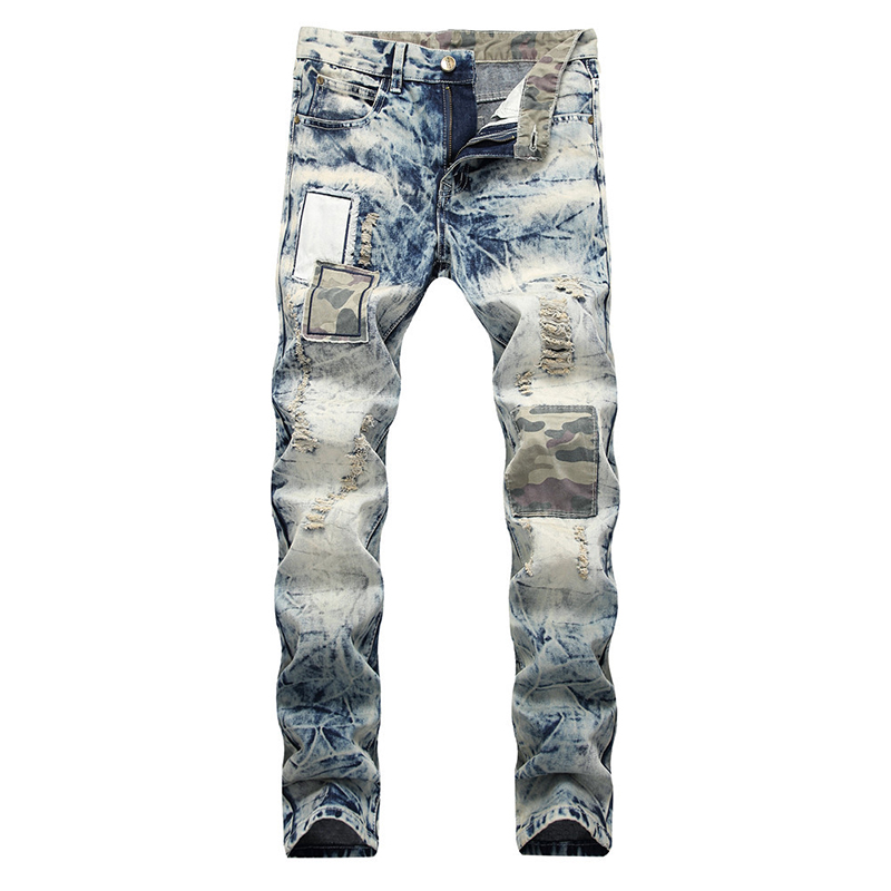 

new male men's vintage snow washed patchwork ripped beggar jeans Camouflage patches holes distressed slim straight denim pants, As pic