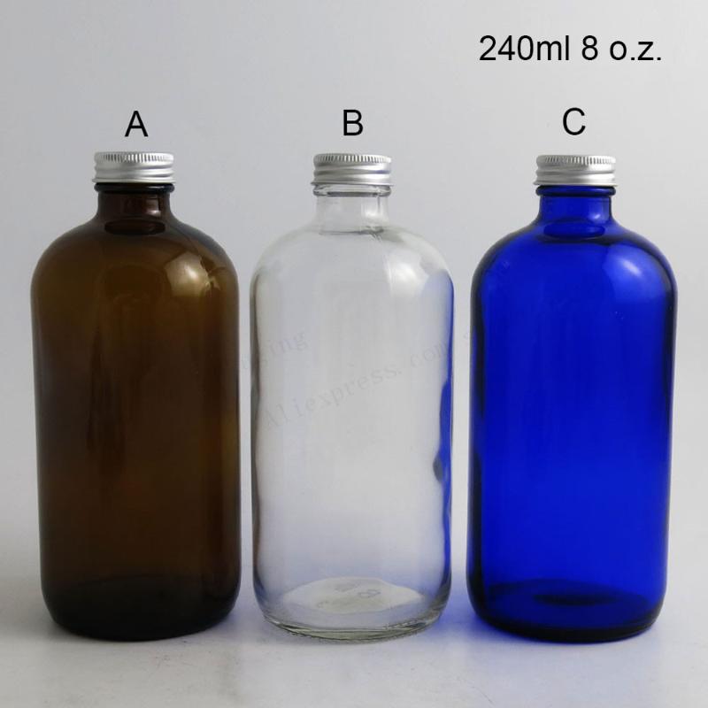 

2 x 240ml Big Refillable Boston Round Glass Bottle with Aluminum Cap 8oz Blue Amber Clear Glass Containers Packaging