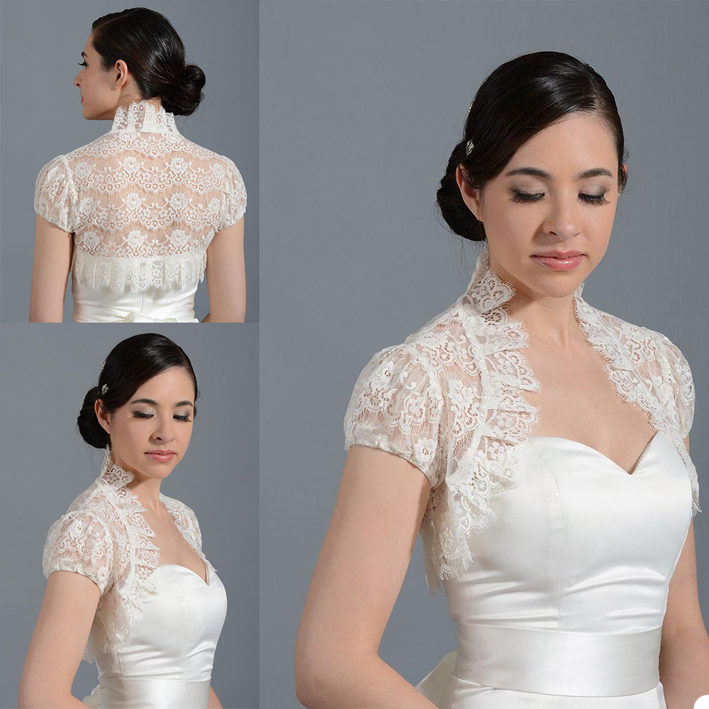 

Vintage Bridal Jackets High Collar Capped Sleeve Bolero Wedding Top 2020 New Lace Appliques Custom Made Plus Size Bridal Accessories, Orange