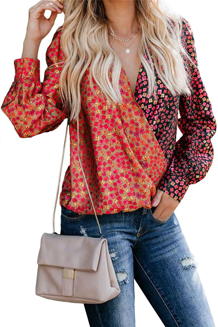 

Womens Floral V-neck Spring Shirts Woman Puff Sleeve Pullover Loose Blouses Women High Fashion OL Clothes, White