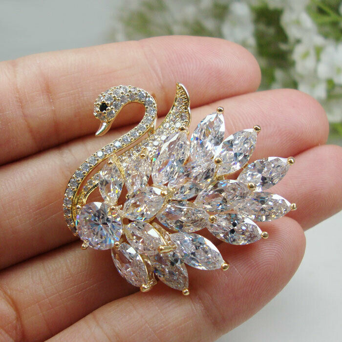 Zircon Crystal Luxurious Clear Swan Bird Woman Brooch Pin Holiday Gifts-image-559425121