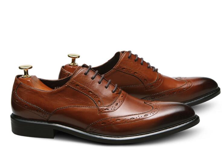 

New pointed toe carved men's shoes genuine leather high-top formal wedding shoes lace up business, Black