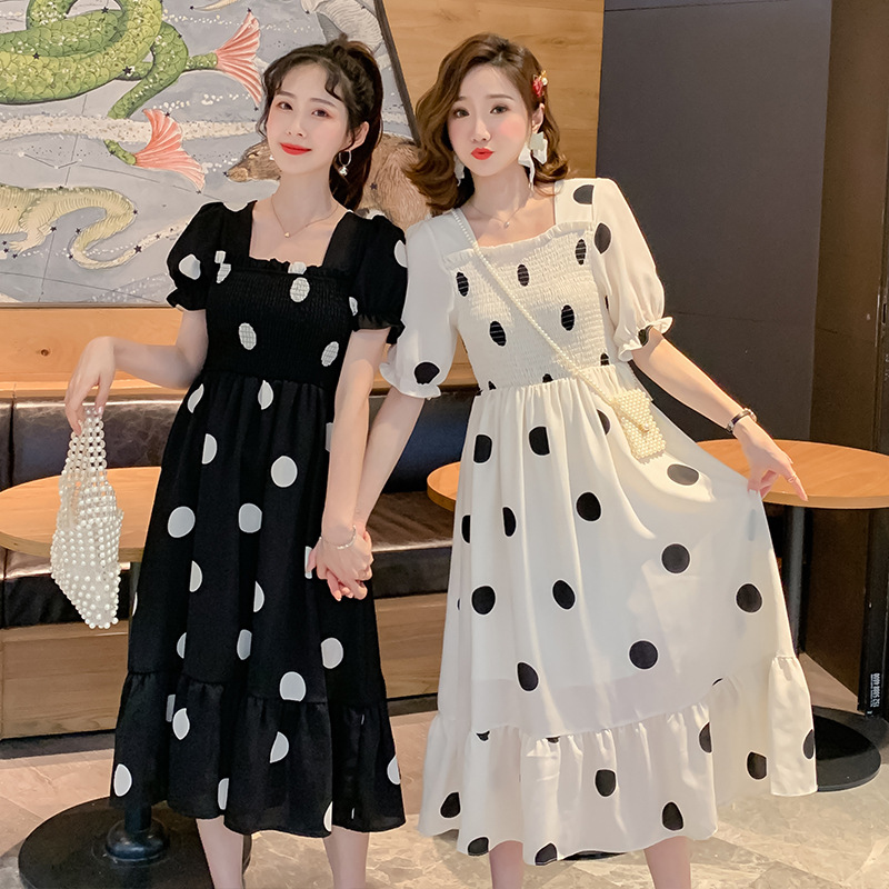 

Maternity Clothes Summer Short-Sleeved Pregnant Women Polka Dot Chiffon Dress Loose Bow Over-The-Knee Loose Pregnancy Dresses, Black polkadot