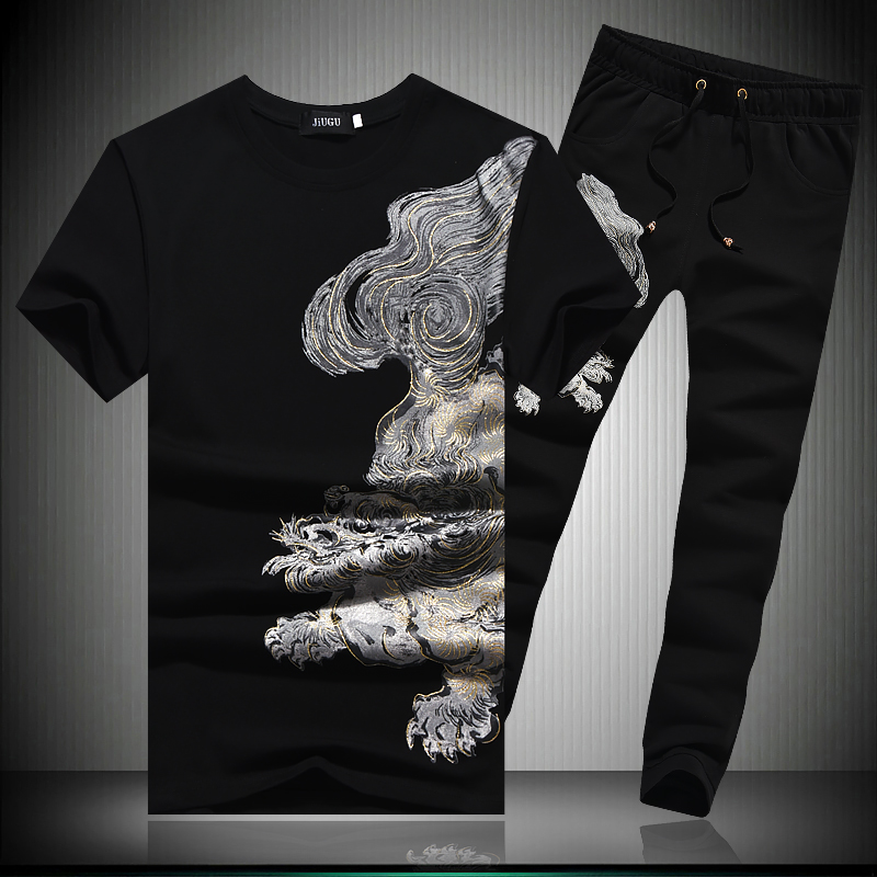 

Two pieces sets Bronzing printing fashion short sleeve t shirt&pants Summer New quality cotton soft comfortable men's suitsM-5XL, As picture