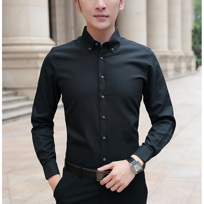 

BROWON 2020 Brand Casual Spring Luxury Long Sleeve Slim Fit Men Shirt Streetwear Social Dress Shirts Mens Fashions Jersey, Black