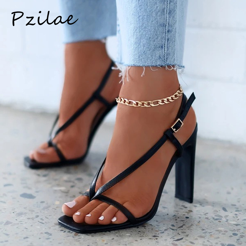 

Pzilae fashion summer gladiator sandals women high heels shoes fall best street look female square head clip on strappy sandals, Black