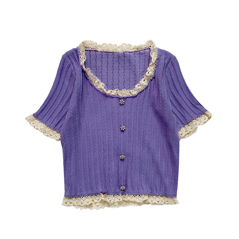 

Crop Top For Women Knitted T Shirt Summer 2020 Short Sleeve O Neck Lace Patchwork Cute Tee Shirt Camisetas Korean Ladies Tops, Black