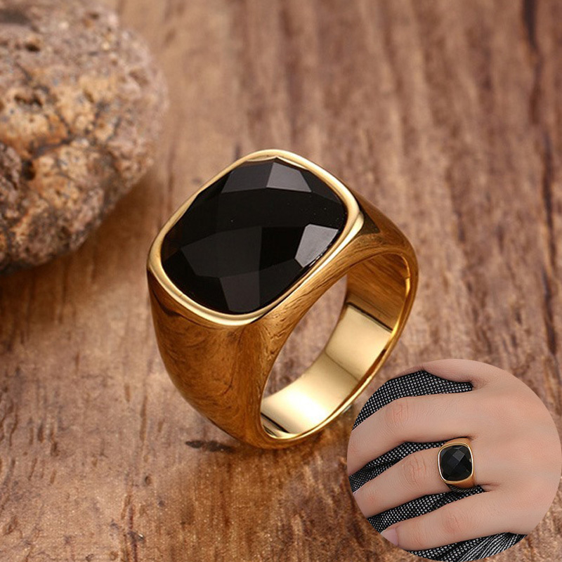 

Vintage Black Carnelian Stone Signet Rings for Men Gold Color Stainless Steel Square Engagement Rings Male Jewelry
