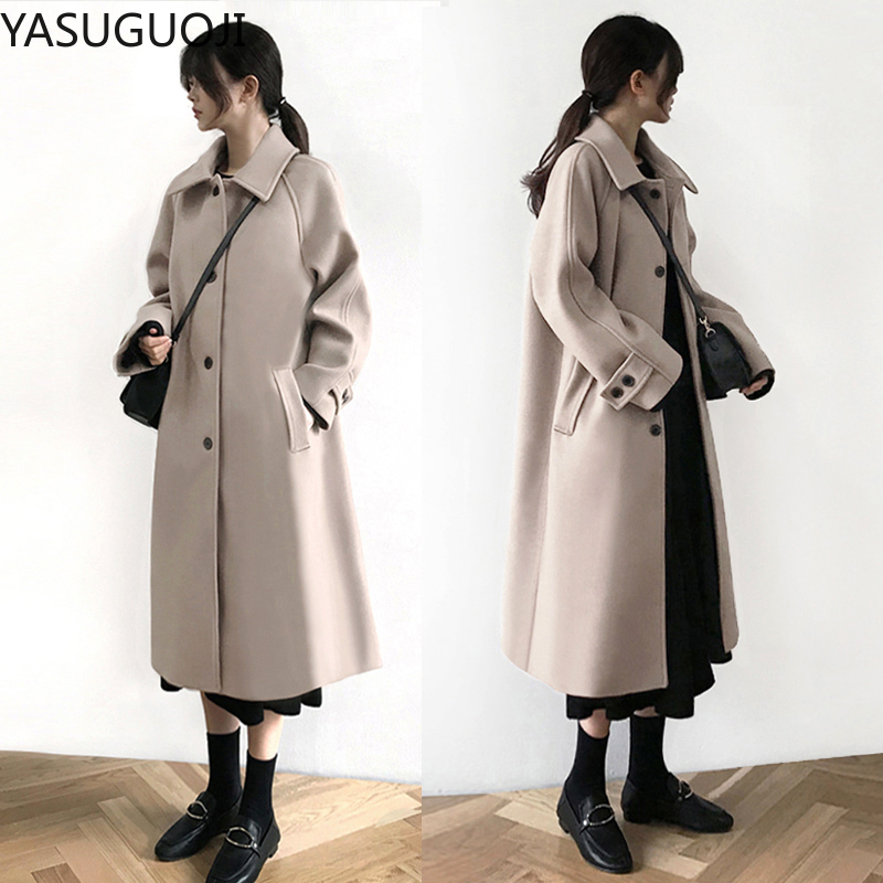 

YASUGUOJI 2020 New Korean Style Woolen Coat Women' Mid-Length Winter Slim-Looking Woolen Coat Women Vintage Hepburn Style Solid, Beige