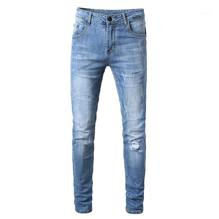 

Mid Waist Pencil Pants Male Solid Color Trousers Mens Blue Hole Jeans Slim Fit Zipper Fly