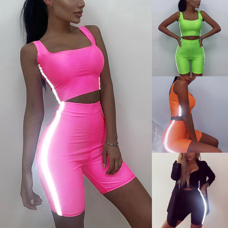 

Newly Yoga Set Tank Top Vest High Waist Yoga Shorts Leggings Reflective Workout Sports Suit, Black