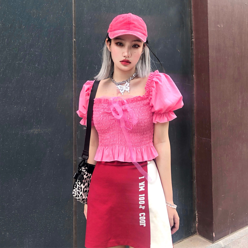 

Summer New Edge Pleated Square Collar Short-sleeved Female European And American Fashion Lantern Sleeve T-shirt Female, Blue