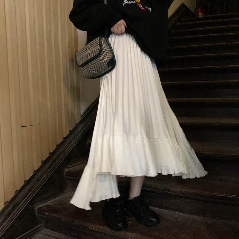 

Spring Autumn Fashion Women's High Waist Pleated Solid Color Half Length Elastic Skirt Promotions Lady Black white