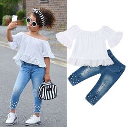 

1-6Y Toddler Kids Baby Girls Clothes Sets White Tops T-shirt Denim Long Pants Jeans Outfits Set 2020, As pic