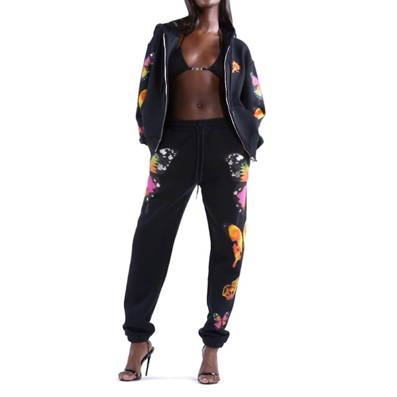 

Women Long Sleeve Zipper Coat Hooded Sweatshirt Summer Ladies Sport Fitness Drawstring Floral Pants Exercise Set, White pants
