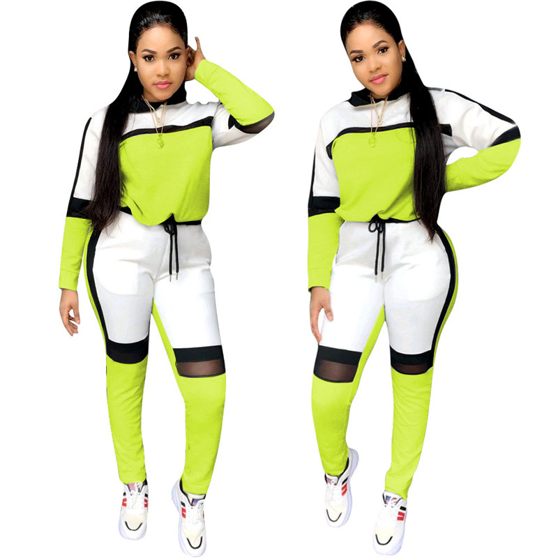 

Wholesale Dropshpping New Women Two-piece Sets Long-sleeved Shirt with Hat Mesh Splicing Pants Casual Loose Elastic Sports Suit