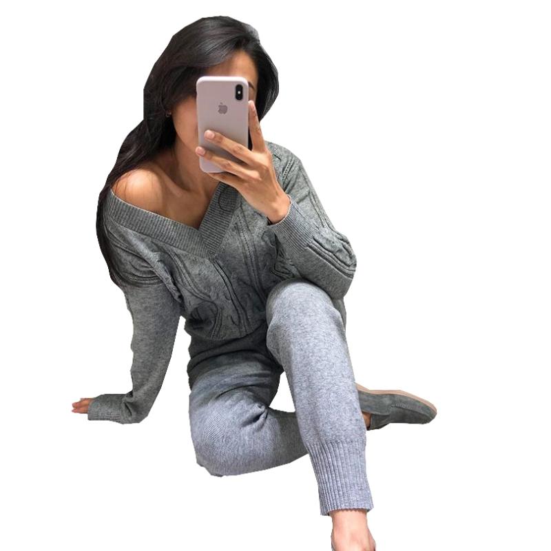 

TAOVK Autumn and Winter Ladies Solid Color V-neck Twist Knit Sweater Elastic Pants Knit Suit Pants Two-piece Sets, Khaki