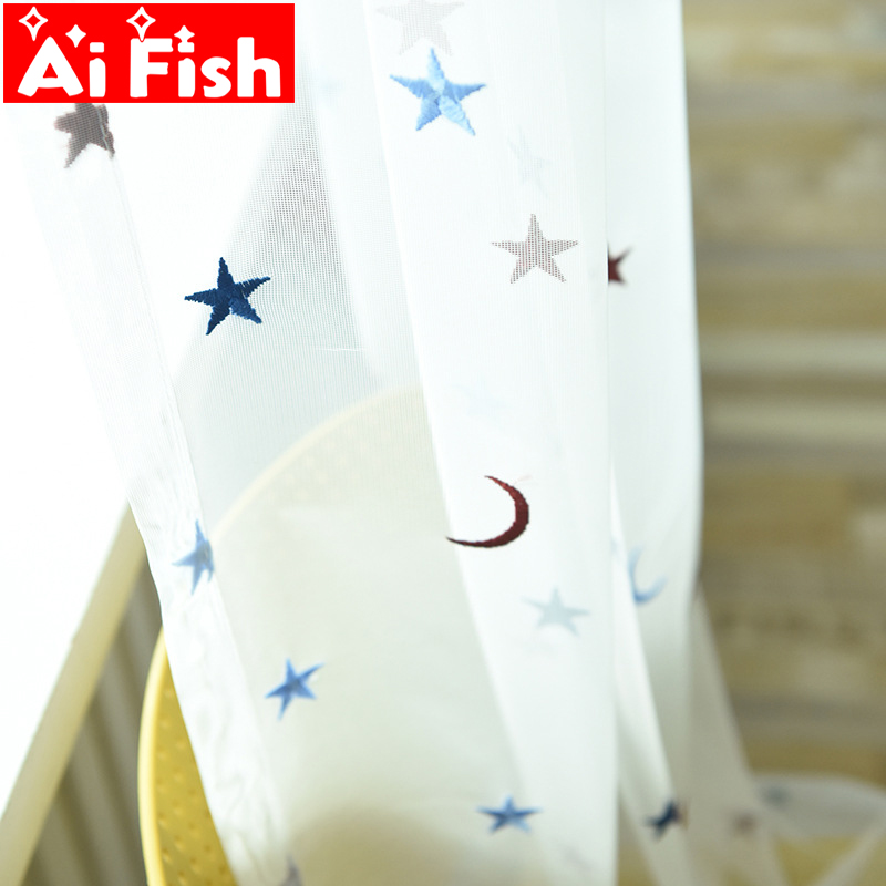 

Simple Modern Colorful embroidered Stars Moon Window Screens Sheer Tulle Curtains For Living Room White Balcony Yarn my056-40, Transparent