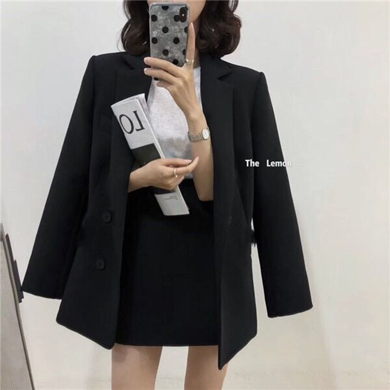 

2020 Autumn Two Piece Skirt Set Female Classical Pockets Black Blazer+Short A Line Skirt Korean Womens Blazer Suit Outfits, Black set