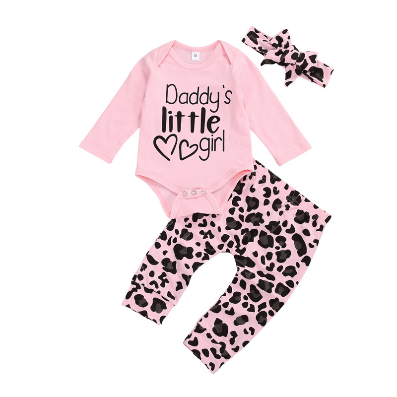 

Cute Baby Girls Cotton Clothes Set Outfit Spring Autumn Long Sleeve Round Collar Letter Rompers+Leopard Print Pants+Bow Headwear, As pic