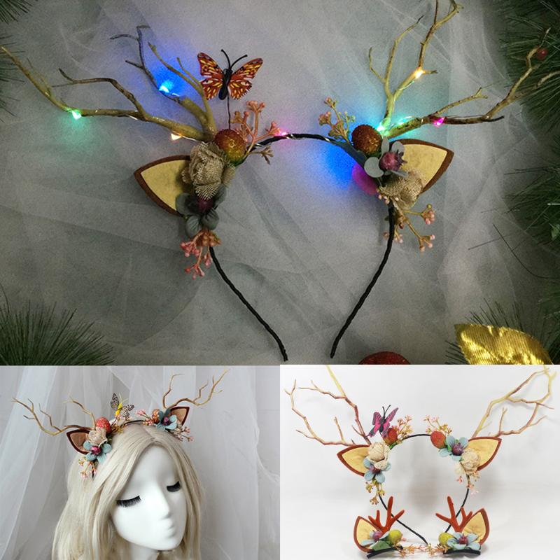 

2020 LED Reindeer Antlers Headband Christmas Deer Ear Flower Illuminate Crown Hair Clip Party Hairband Wedding Jewelry Gift