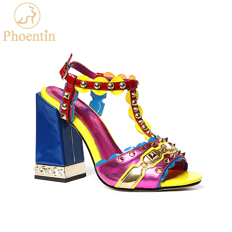 

Phoentin purple t-strap women sandals genuine leather 2020 new fashion rivet mixed colors summer women's shoes high heels FT457, Blue