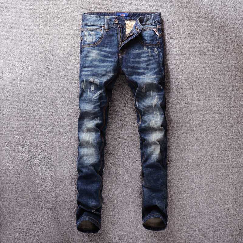 

Italian Fashion Men Jeans High Quality Dark Blue Slim Ft Ripped Jeans Men Elastic Denim Pants Streetwear Vintage Designer