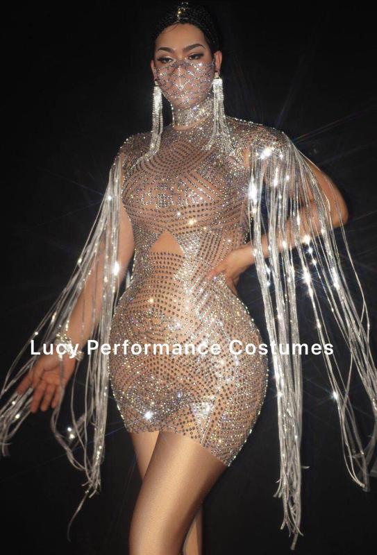 

Female DJ singer stage wear dance team show full diamond hip skirt nightclub bar stage dress elastic tight dress, Single skirt