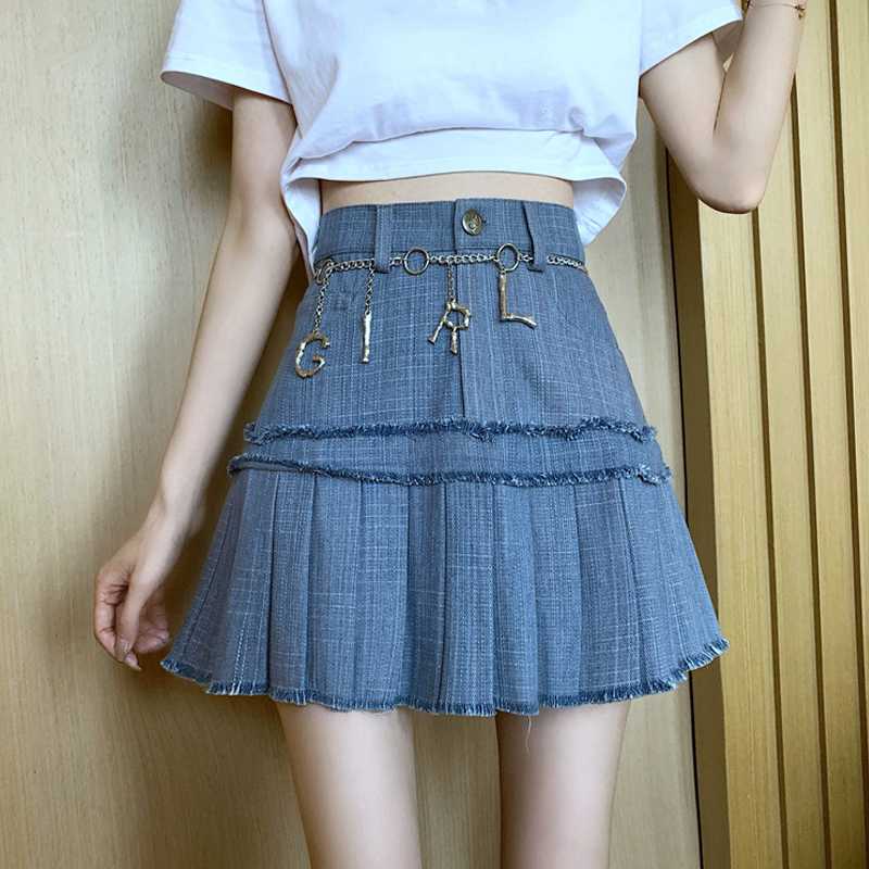 

New Summer Girl Favorite Pleated Skirt Female Vintage Tassel Skirt Blue Denim Skirts Mujer, White