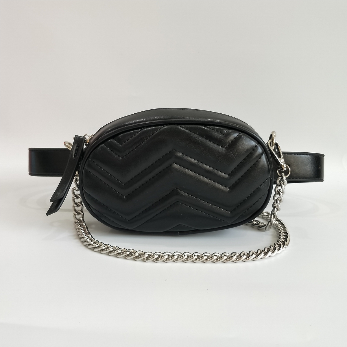 

high-end Fashion Pu Leather Handbags Women Bags Fanny Packs Waist Bags Handbag Lady Belt Chest bag Female Silver chain Shoulder Bags, Green