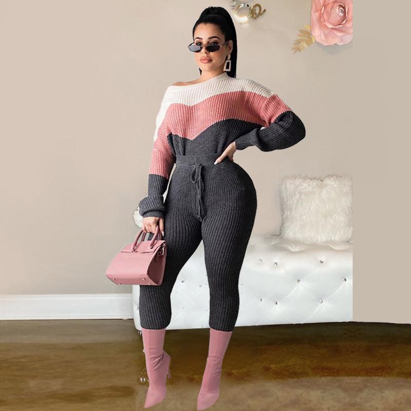 

sports suits for women two piece set Fashion Women' Color Collision Frenulum Long Sleeves Round Collar Sweater Suit#y15, Pink