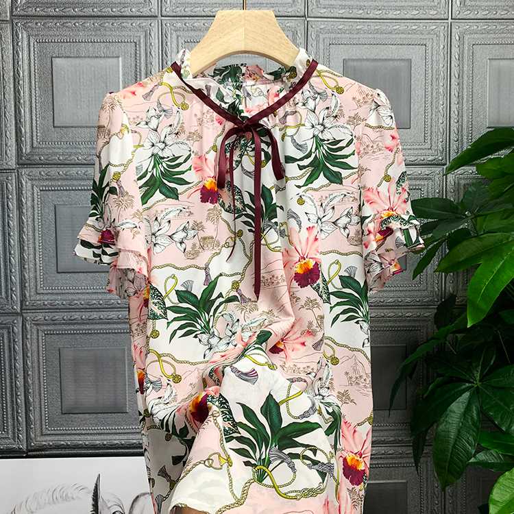 

New 100% silk Blouses & Shirts amorous feelings one time elegant flower lotus leaf collar ribbon silk blouse 682040, See chart