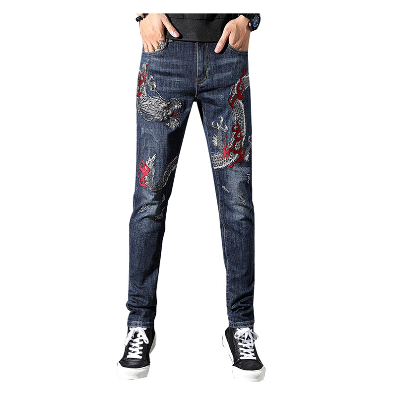 

Men's Chinese dragon embroidery jeans Fashion embroidered slim straight stretch denim pants Trousers, Black