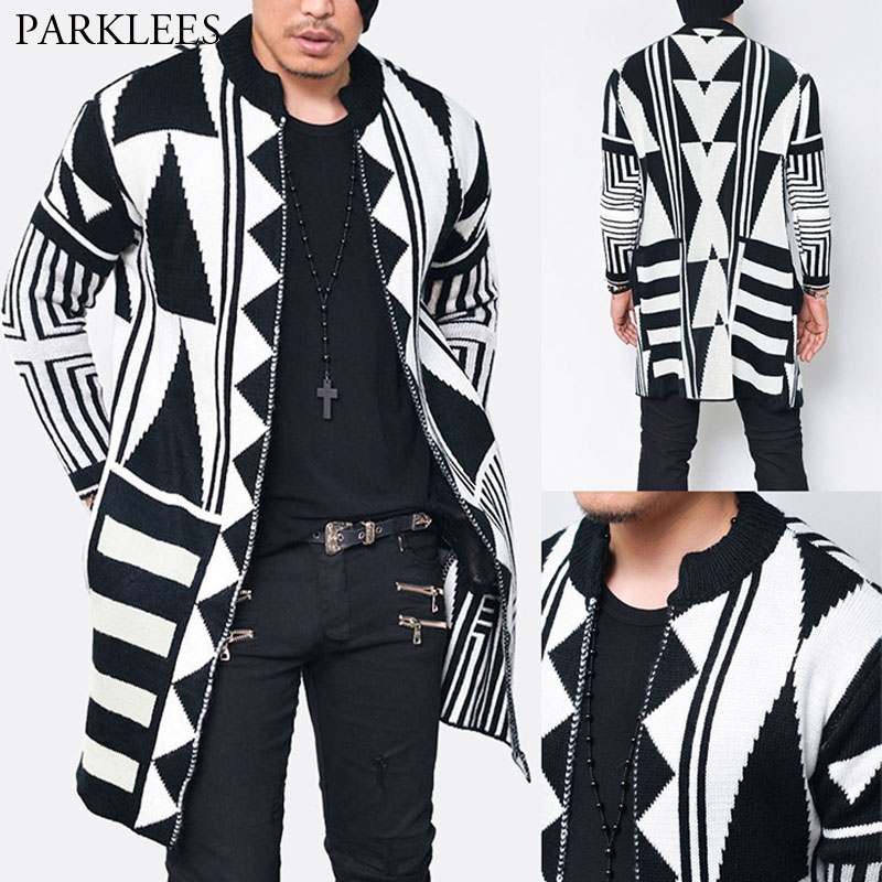

Geometric Knitted Cardigan Sweater Men 2020 Autumn Mens Long Knitwear Sweaters Coat Casual Slim Fit Stand Collar Pull Homme, Black