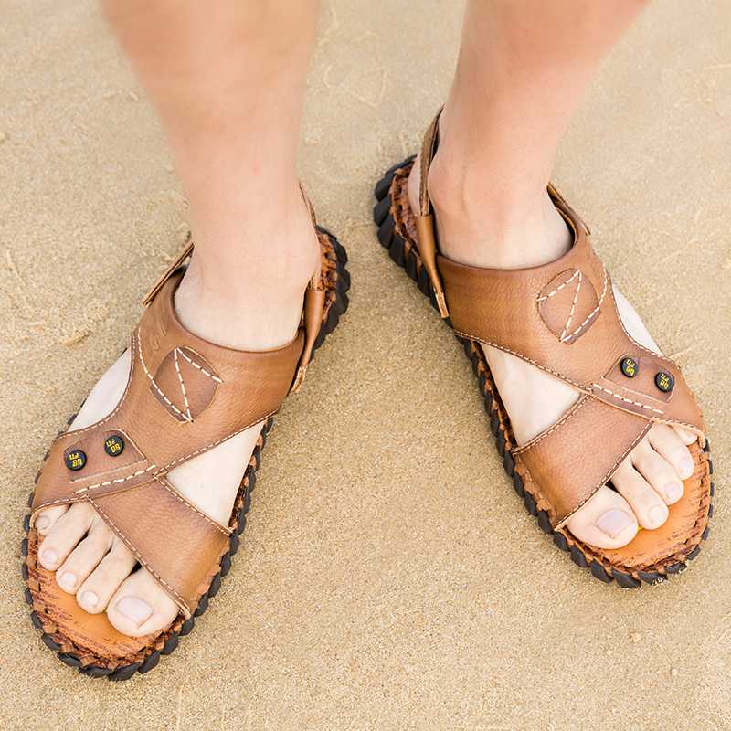 

Men Sandal Real Leather New Arrival Summer Men Beach Shoes High Quality Breathable Casual Sandal Shoes Sandalia Masculina, Dark brown