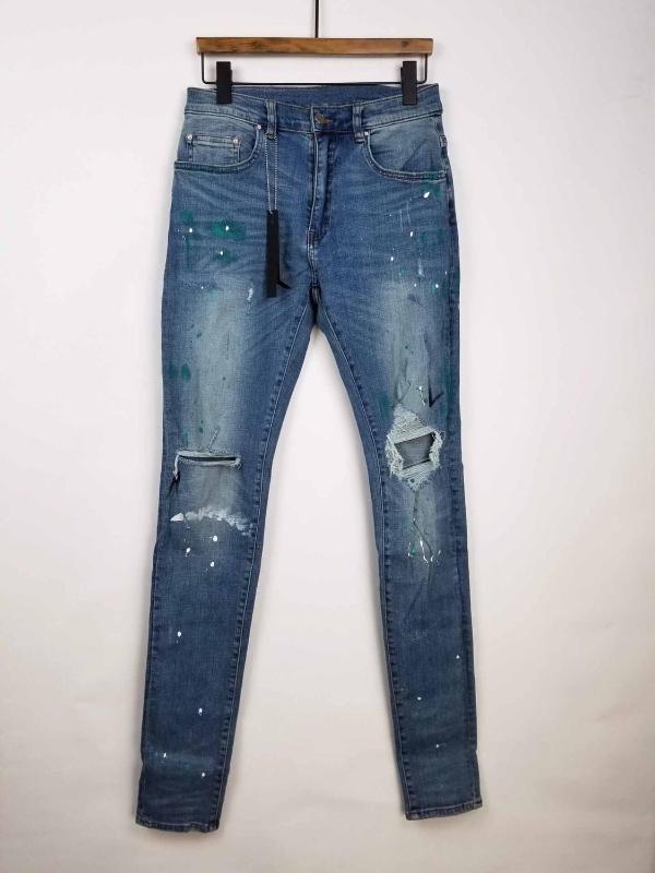 

men blue paint splatter distressed denim jeans, As pic