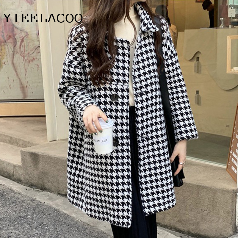 

Woolen Coat Black / white Plaid Women's Thousand Birds Mid-length Autumn/winter Women's Coat Loose Fashion Clothing