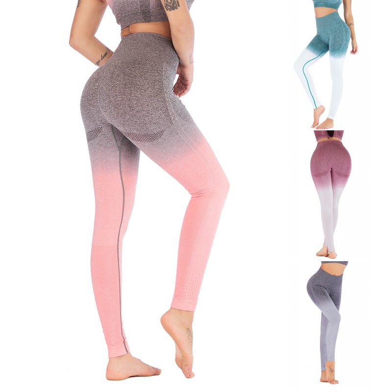 

2020 New Arrival Women' Yoga Gradient Color High Waist Seamless Tight Yoga Fitness Trousers Hip Exercise Nine Pantsun, Green