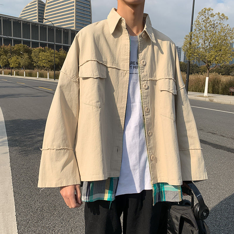 

Autumn Fake Two-piece Jacket Men's Fashion Retro Plaid Stitching Casual Jackets Mens Streetwear Loose Hip-hop Bomber Jacket Men, Black