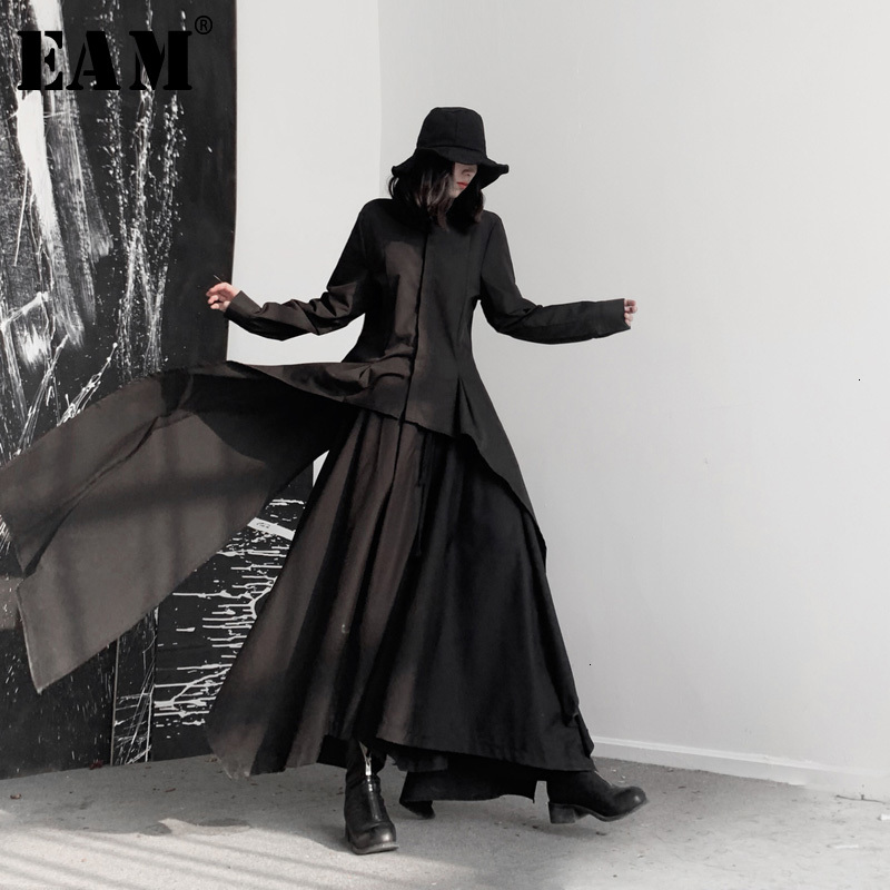 

EAM] Women Black Asymmetrical Ribbon Blouse New Lapel Long Sleeve Loose Fit Shirt Fashion Tide Spring Autumn 2020 19A-a544