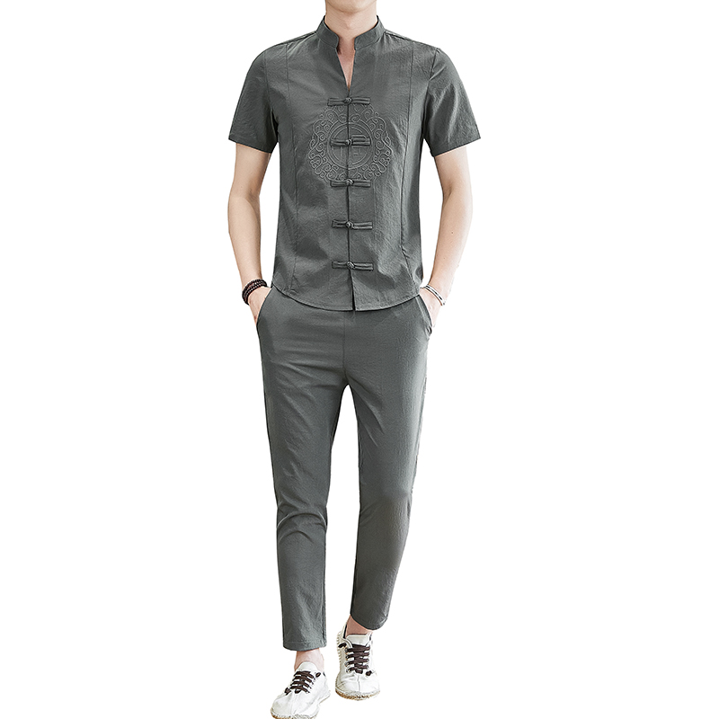 

4XL Casual Men Tracksuit Men Two Pieces Set New Fashion Short Sleeve Shirt Blouse Summer Brand Clothes Top +Pants Sets, Beige tracksuit men