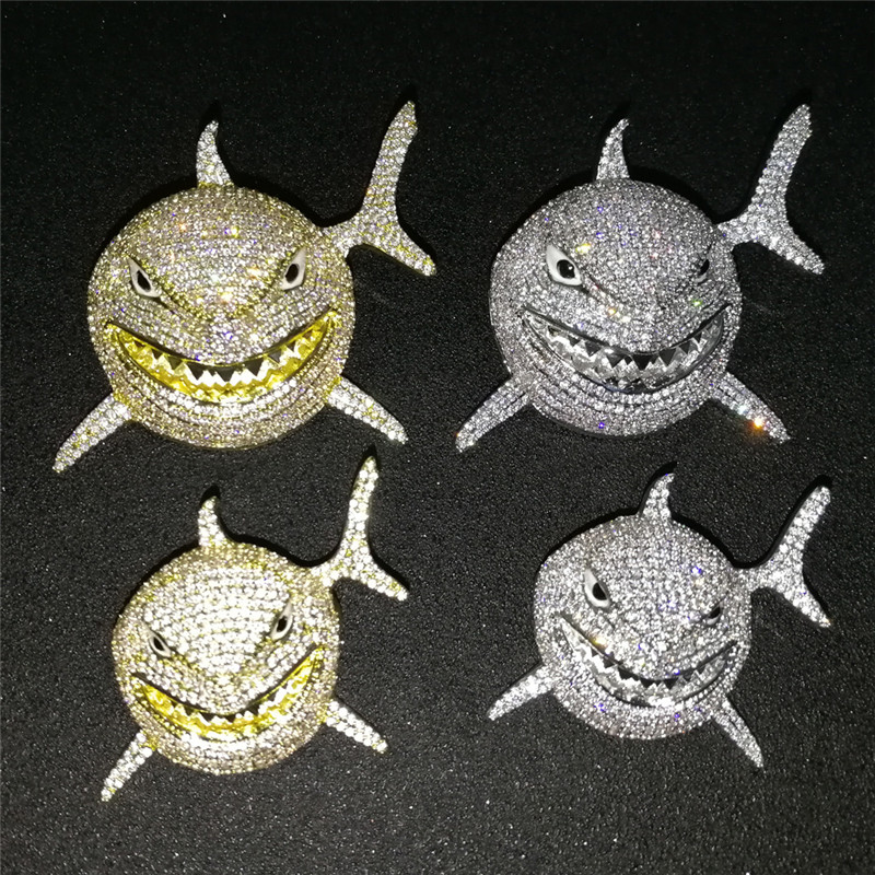 

New Arrived 6IX9INE Same Necklace Big Animal Shark Pendant Full Zircon Hip Hop Men's Bling Necklace, Silver
