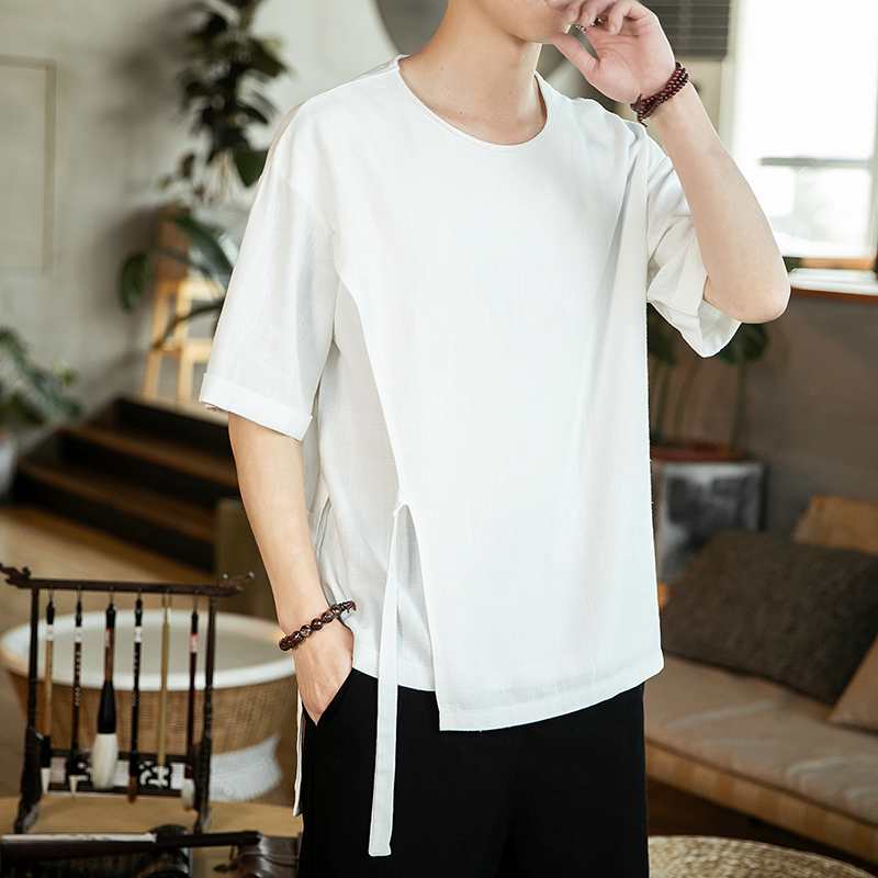 

2020 Summer Men's White T-shirt Chinese Style Cotton Linen Mens Tees Ribbon Short-Sleeved Vintage Casual Loose T Shirt Male, Black