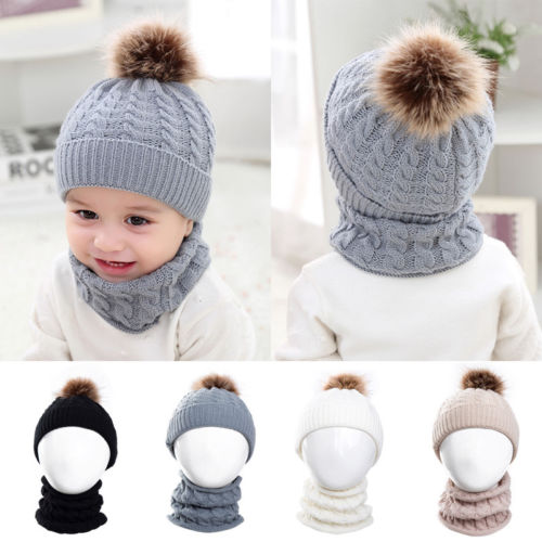 

2Pcs Cute Kid Girl Boy Baby Infant Winter Warm Crochet Knit Hat Beanie Cap+Scarf Solid Set 2020, White